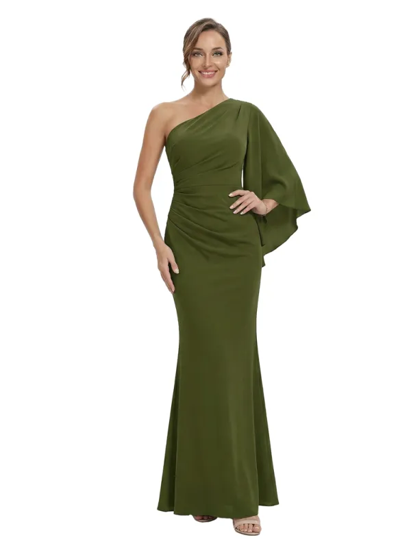 Chicsew Mother of The Bride Dress One Shoulder Draped Trumpet Maxi Gown Unique Flowy Sleeve Design sold by ChicSew
