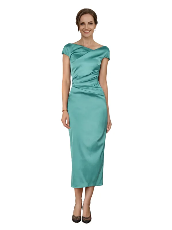 Chicsew Classy Asymmetrical Neck Cap Sleeves Satin Ankle-Length Sheath Mother Of The Bride Dress sold by ChicSew