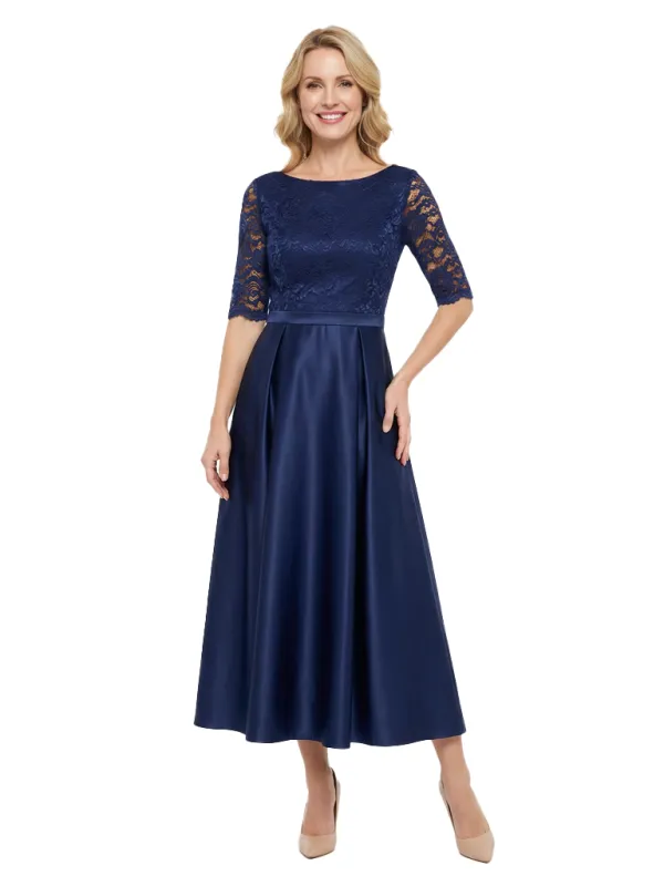 Chicsew Elegant Boat Neck Lace 3/4 Sleeves Satin Ankle-Length A-Line Mother Of The Bride Dress sold by ChicSew