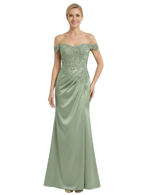 Chicsew Mother of The Groom Dresses Off The Shoulder Lace Satin Mermaid Maxi Gown Fancy Ruched Formal Bridal Party Dress sold by ChicSew