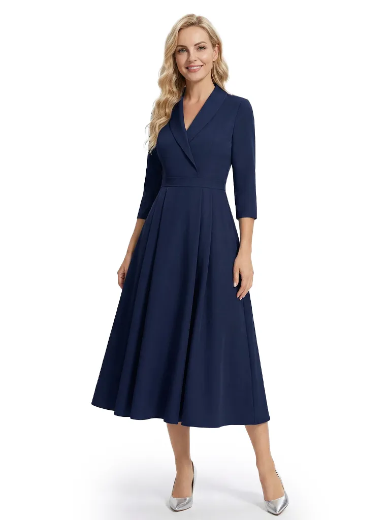 Chicsew Mother of The Bride Dresses V-Neck 3/4 Sleeve Satin Tea Length Crepe Gown Elegant Flowy Formal Wedding Event Attire sold by ChicSew