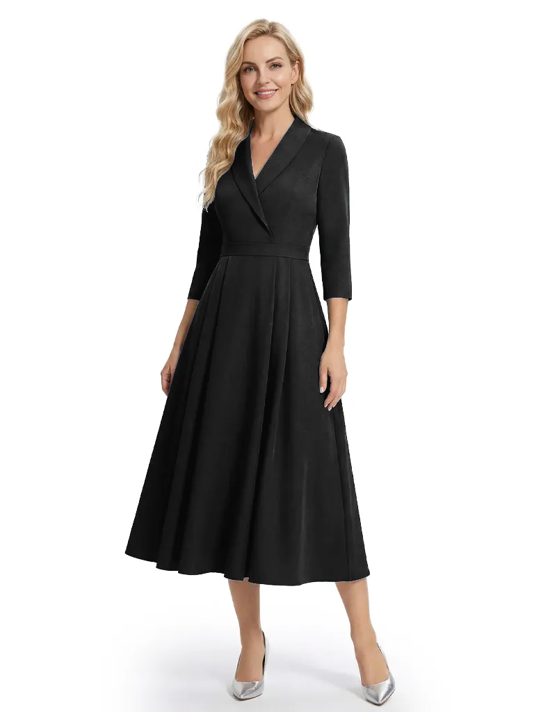 Chicsew Mother of The Bride Dresses V-Neck 3/4 Sleeve Satin Tea Length Crepe Gown Elegant Flowy Formal Wedding Event Attire sold by ChicSew product image thumbnail 4