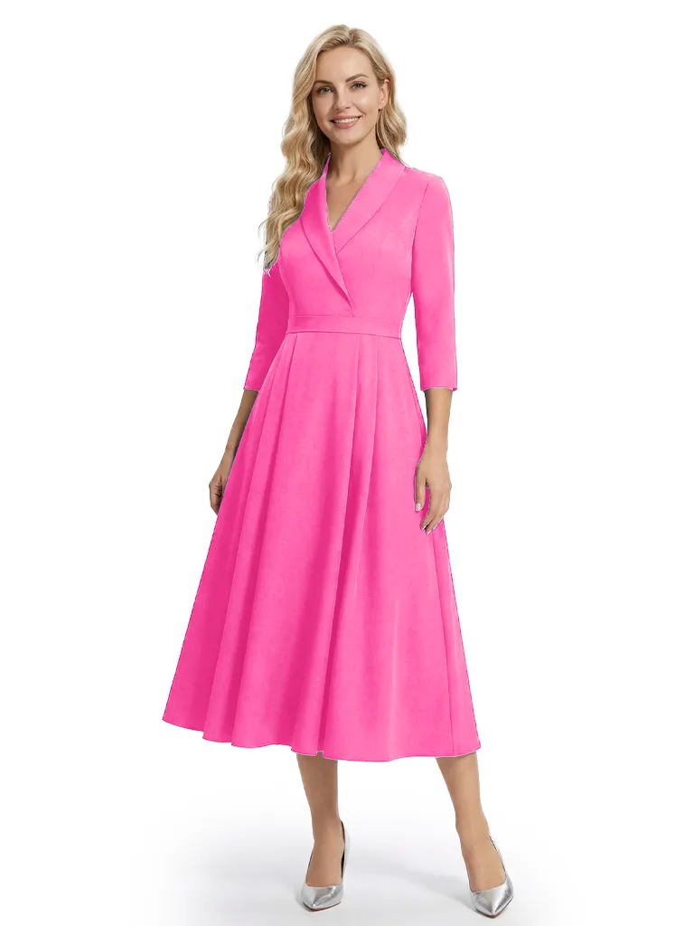 Chicsew Mother of The Bride Dresses V-Neck 3/4 Sleeve Satin Tea Length Crepe Gown Elegant Flowy Formal Wedding Event Attire sold by ChicSew product image thumbnail 3