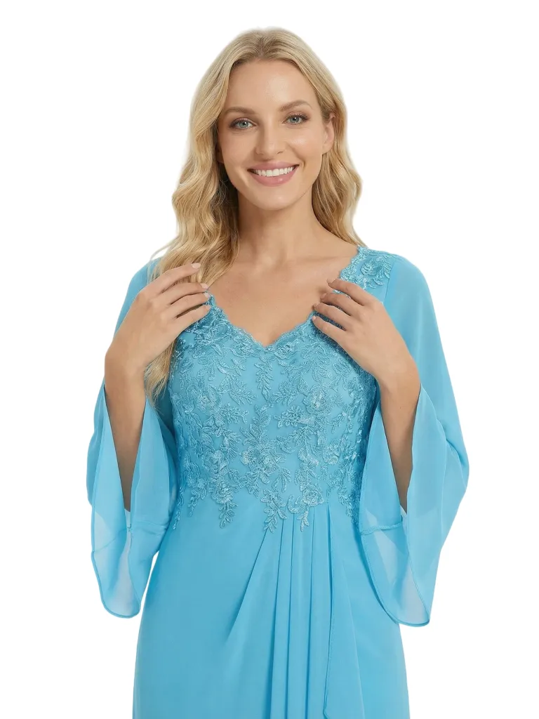 Chicsew Mother of The Groom Dresses V-Neck Long Sleeve Lace Chiffon Maxi Gown Unique Ruffled Formal Bridal Party Dress sold by ChicSew product image thumbnail 2