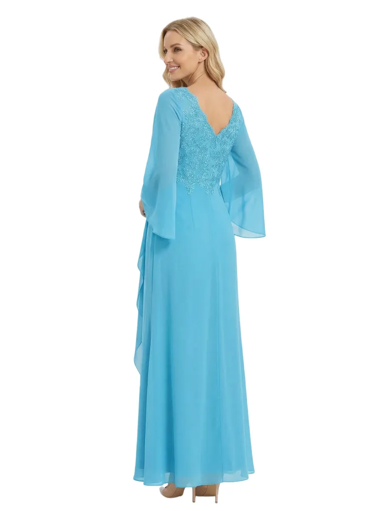 Chicsew Mother of The Groom Dresses V-Neck Long Sleeve Lace Chiffon Maxi Gown Unique Ruffled Formal Bridal Party Dress sold by ChicSew product image thumbnail 3