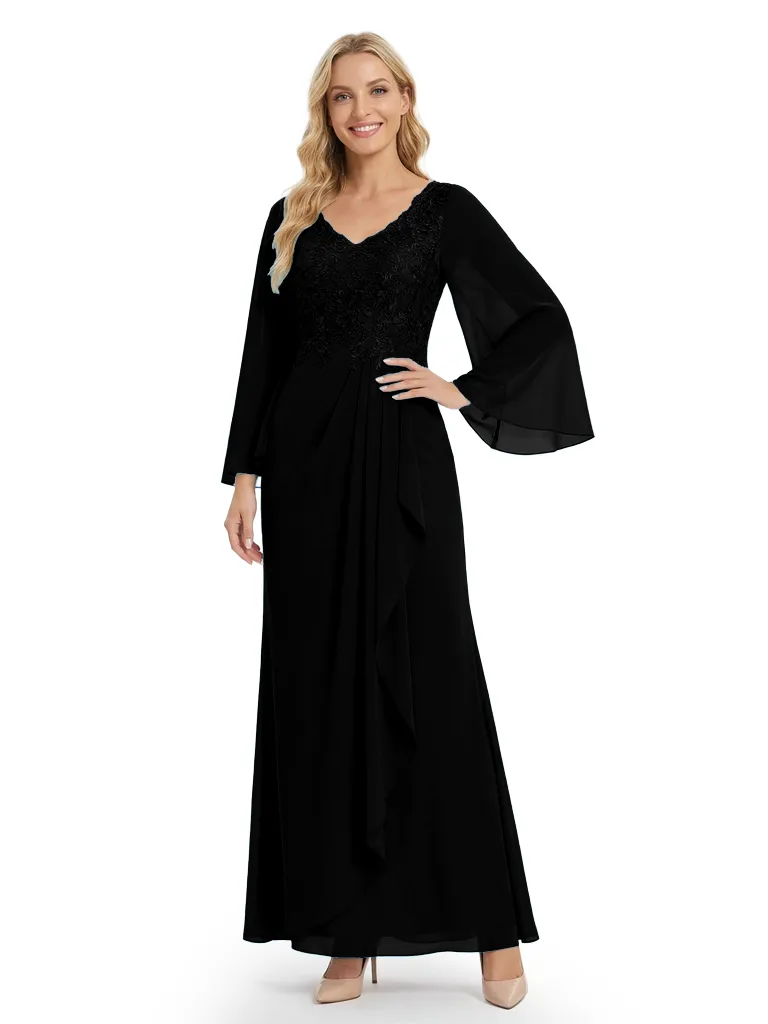 Chicsew Mother of The Groom Dresses V-Neck Long Sleeve Lace Chiffon Maxi Gown Unique Ruffled Formal Bridal Party Dress sold by ChicSew product image thumbnail 4