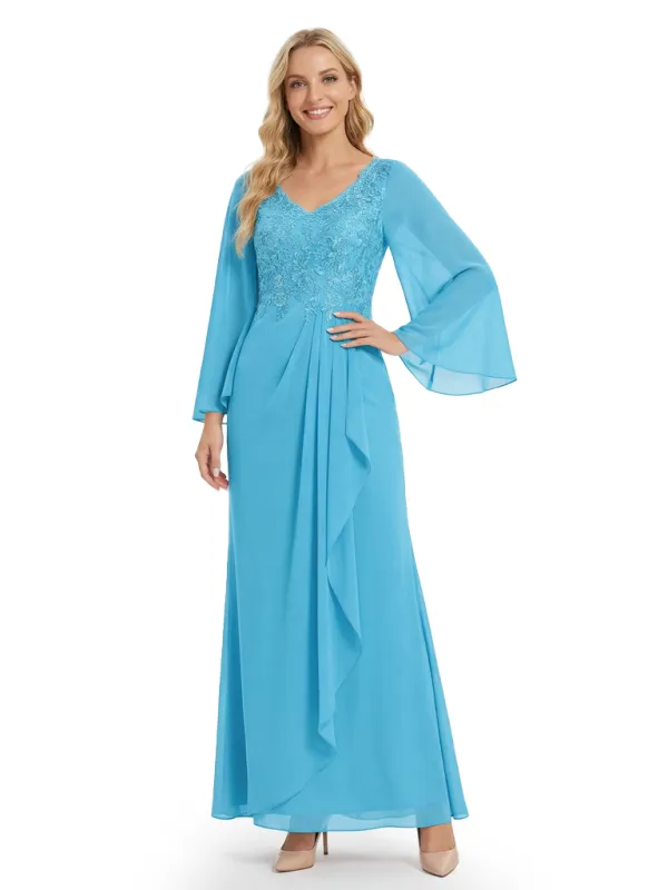 Chicsew Mother of The Groom Dresses V-Neck Long Sleeve Lace Chiffon Maxi Gown Unique Ruffled Formal Bridal Party Dress sold by ChicSew