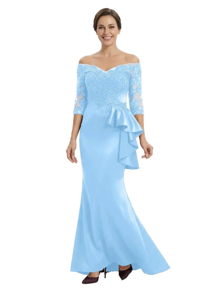 Chicsew Mother of The Groom Dress Off Shoulder 3/4 Sleeve Lace Satin Trumpet Maxi Gown Fancy Ruffled sold by ChicSew product image thumbnail 5