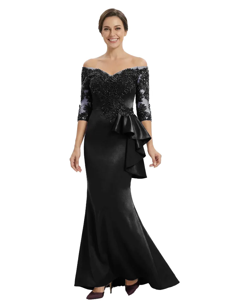 Chicsew Mother of The Groom Dress Off Shoulder 3/4 Sleeve Lace Satin Trumpet Maxi Gown Fancy Ruffled sold by ChicSew product image thumbnail 4