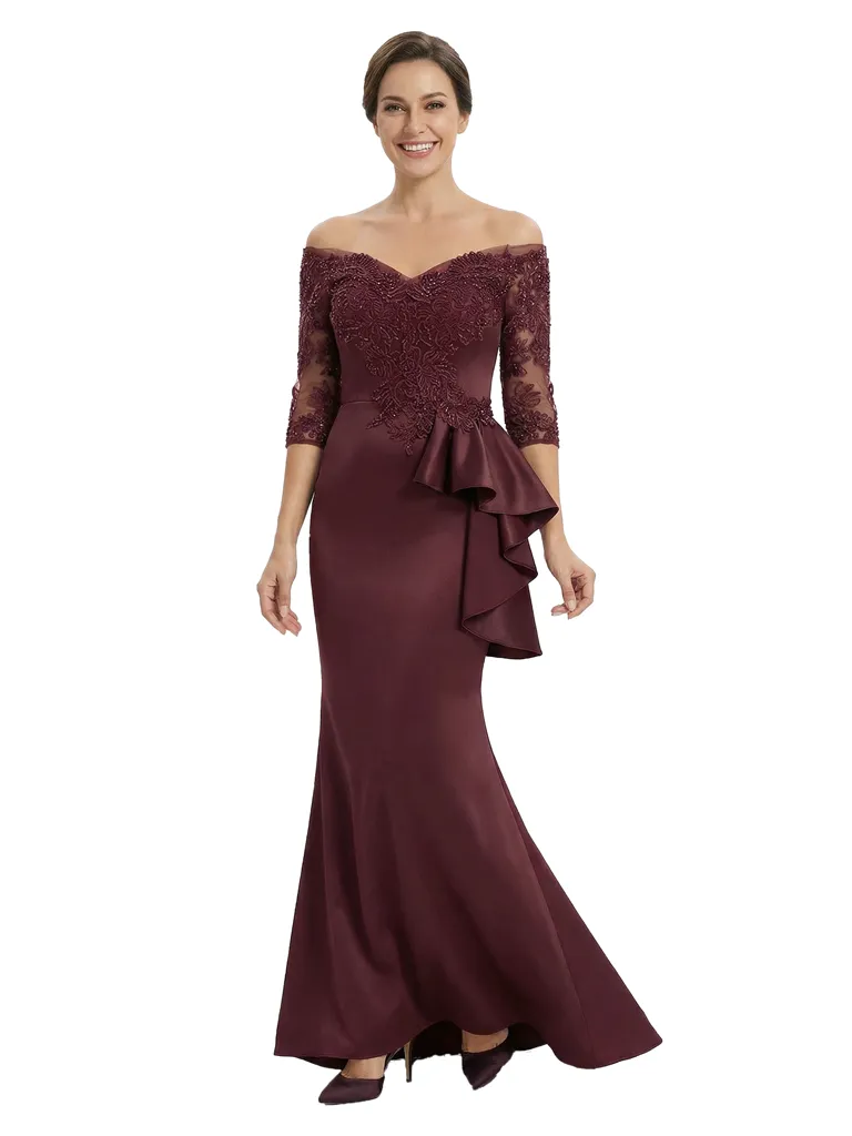 Chicsew Mother of The Groom Dress Off Shoulder 3/4 Sleeve Lace Satin Trumpet Maxi Gown Fancy Ruffled sold by ChicSew