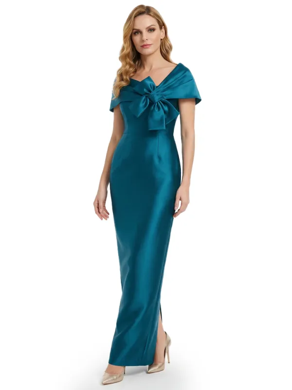 Chicsew Modern Cape Sleeves Bow Knot Satin Sheath Slit Mother Of The Bride Dress sold by ChicSew