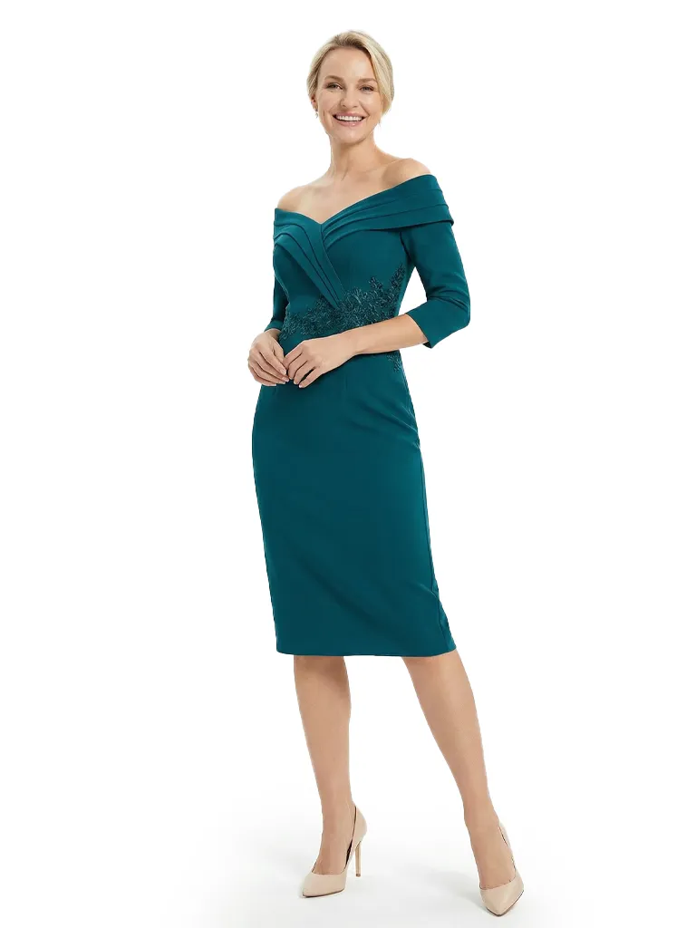 Chicsew Mother of The Groom Dresses Off The Shoulder 3/4 Sleeve Satin Sheath Midi Dress Pretty Lace Detailed Formal Bridal Party Attire sold by ChicSew