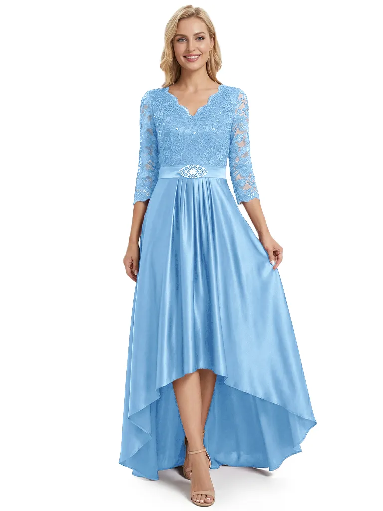 Chicsew Elegant Mother Of The Bride Dress V-Neck 3/4 Sleeve Lace Satin High-Low Gown sold by ChicSew product image thumbnail 5