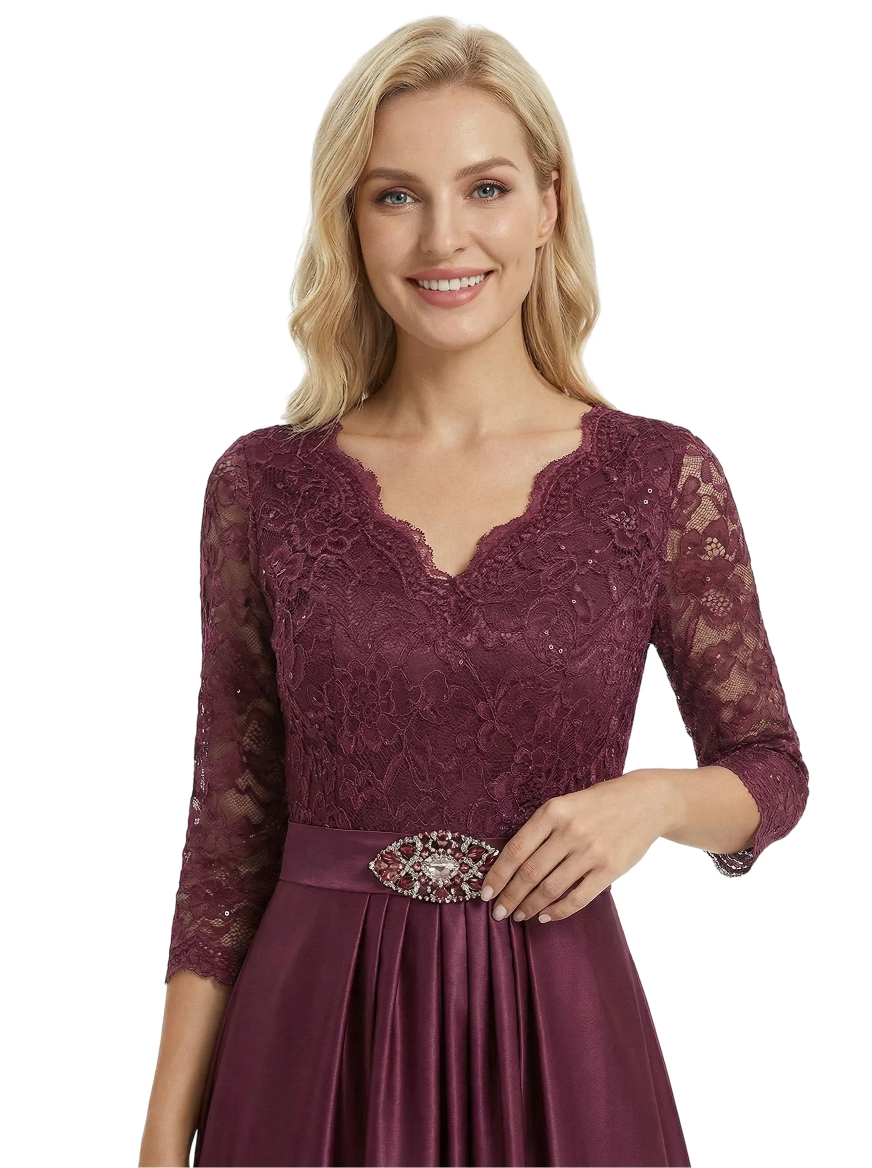 Chicsew Elegant Mother Of The Bride Dress V-Neck 3/4 Sleeve Lace Satin High-Low Gown sold by ChicSew product image thumbnail 2
