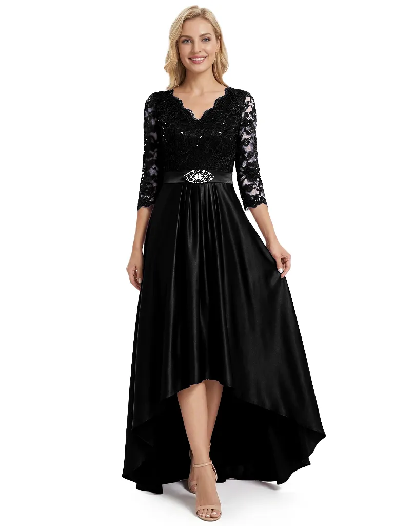 Chicsew Elegant Mother Of The Bride Dress V-Neck 3/4 Sleeve Lace Satin High-Low Gown sold by ChicSew product image thumbnail 4