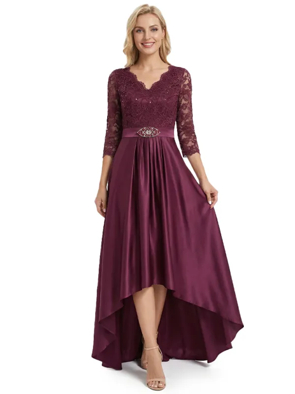 Chicsew Elegant Mother Of The Bride Dress V-Neck 3/4 Sleeve Lace Satin High-Low Gown sold by ChicSew