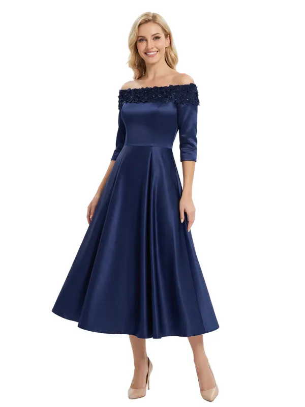 Chicsew Floral Applique Mother Of The Groom Dresses Off Shoulder Satin A-Line Tea-Length Gown sold by ChicSew