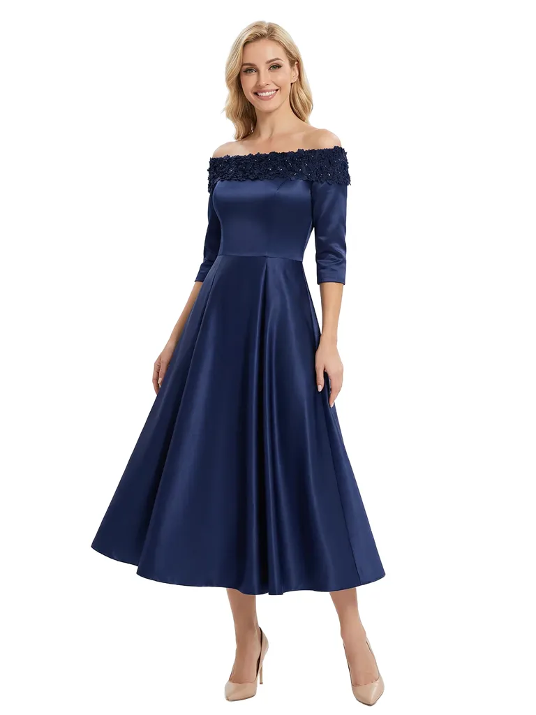 Chicsew Floral Applique Mother Of The Groom Dresses Off Shoulder Satin A-Line Tea-Length Gown sold by ChicSew