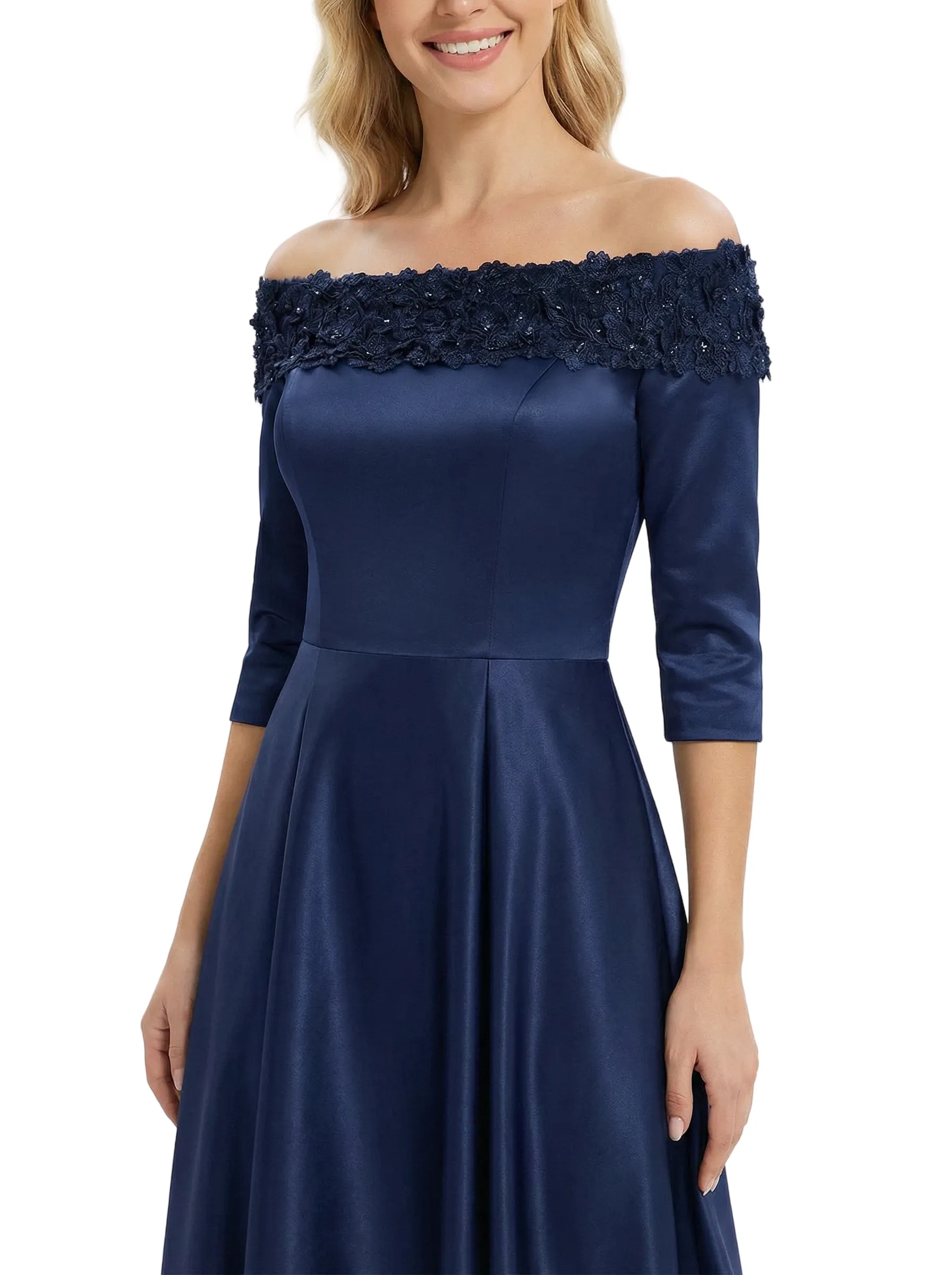 Chicsew Floral Applique Mother Of The Groom Dresses Off Shoulder Satin A-Line Tea-Length Gown sold by ChicSew product image thumbnail 2