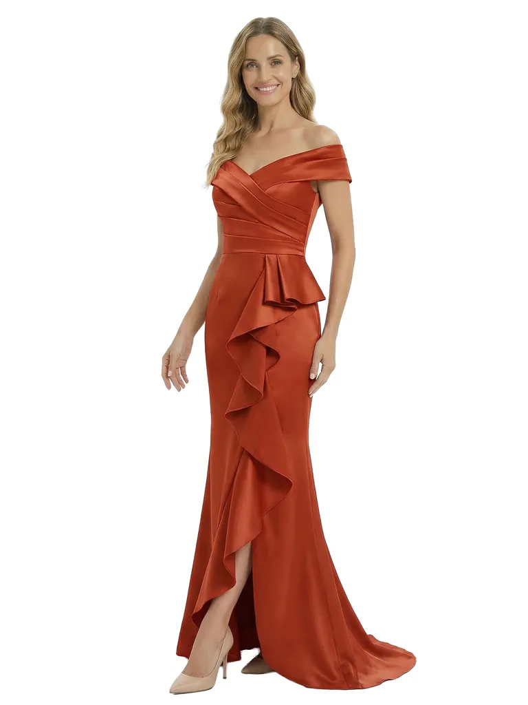 Chicsew Elegant Off Shoulder Sleeveless Satin Mother of The Groom Dress With Ruffles Side Slit sold by ChicSew