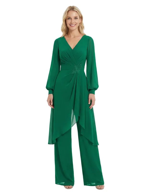 Chicsew Chiffon Jumpsuit Mother Of The Bride Dresses V-Neck Long Sleeves Evening Pant Suits sold by ChicSew