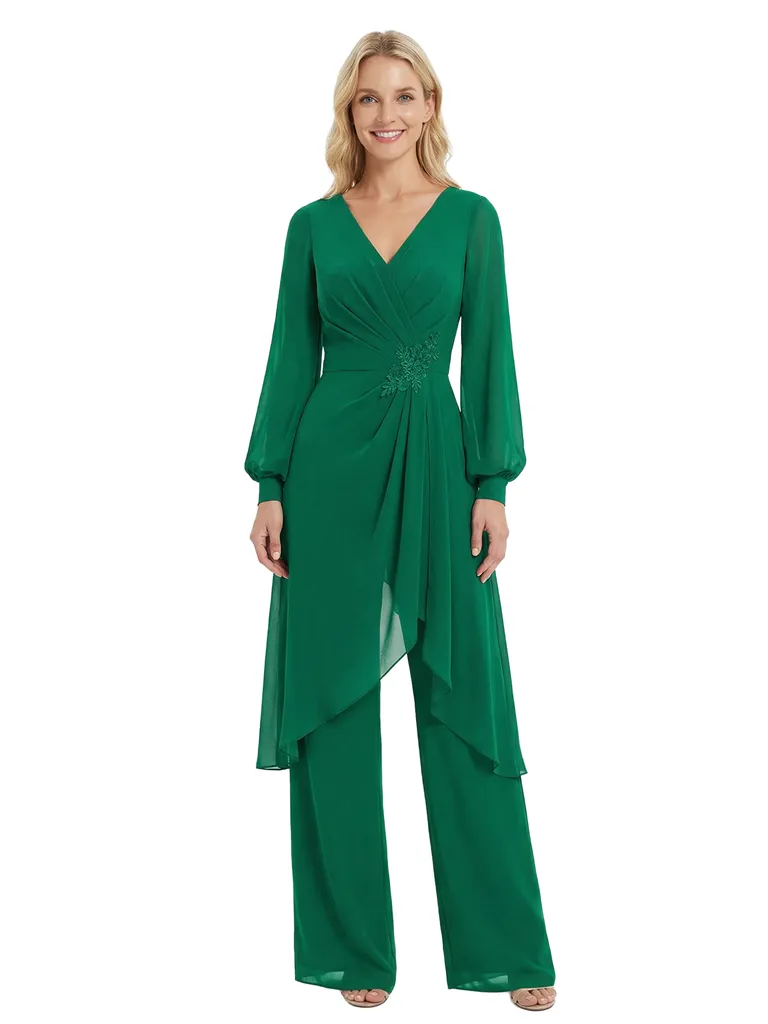 Chicsew Chiffon Jumpsuit Mother Of The Bride Dresses V-Neck Long Sleeves Evening Pant Suits sold by ChicSew