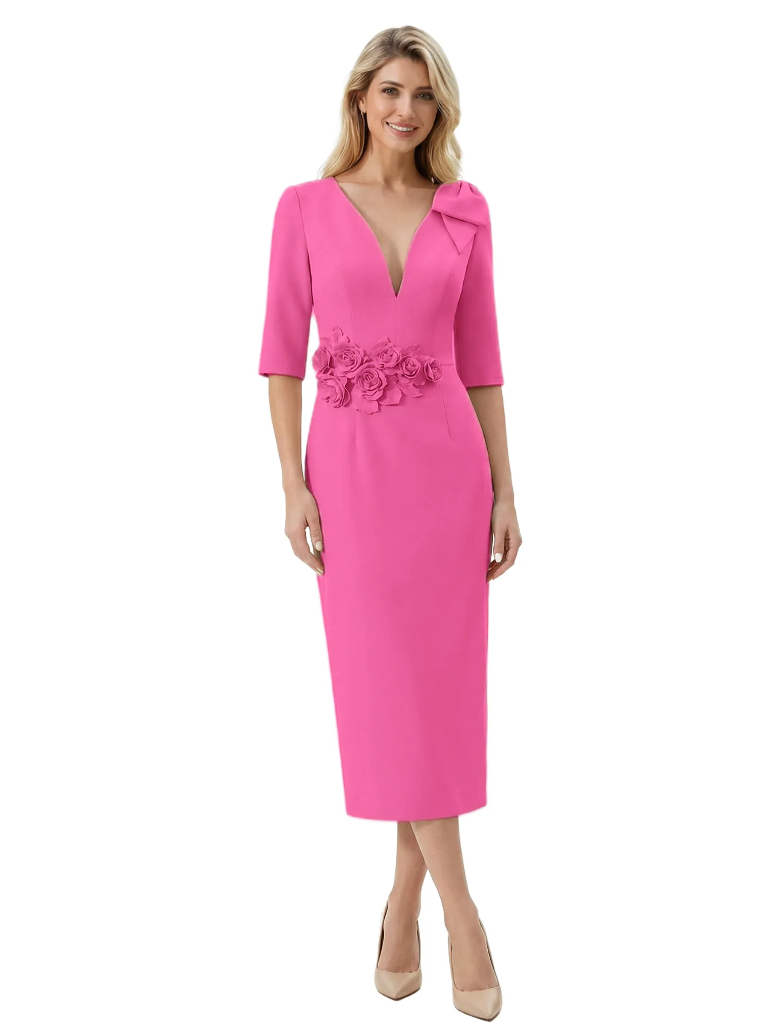 Chicsew Mother of The Bride Dress Pretty V-Neck Half Sleeve Crepe Sheath Midi Gown Floral Accent Stylish sold by ChicSew product image thumbnail 4