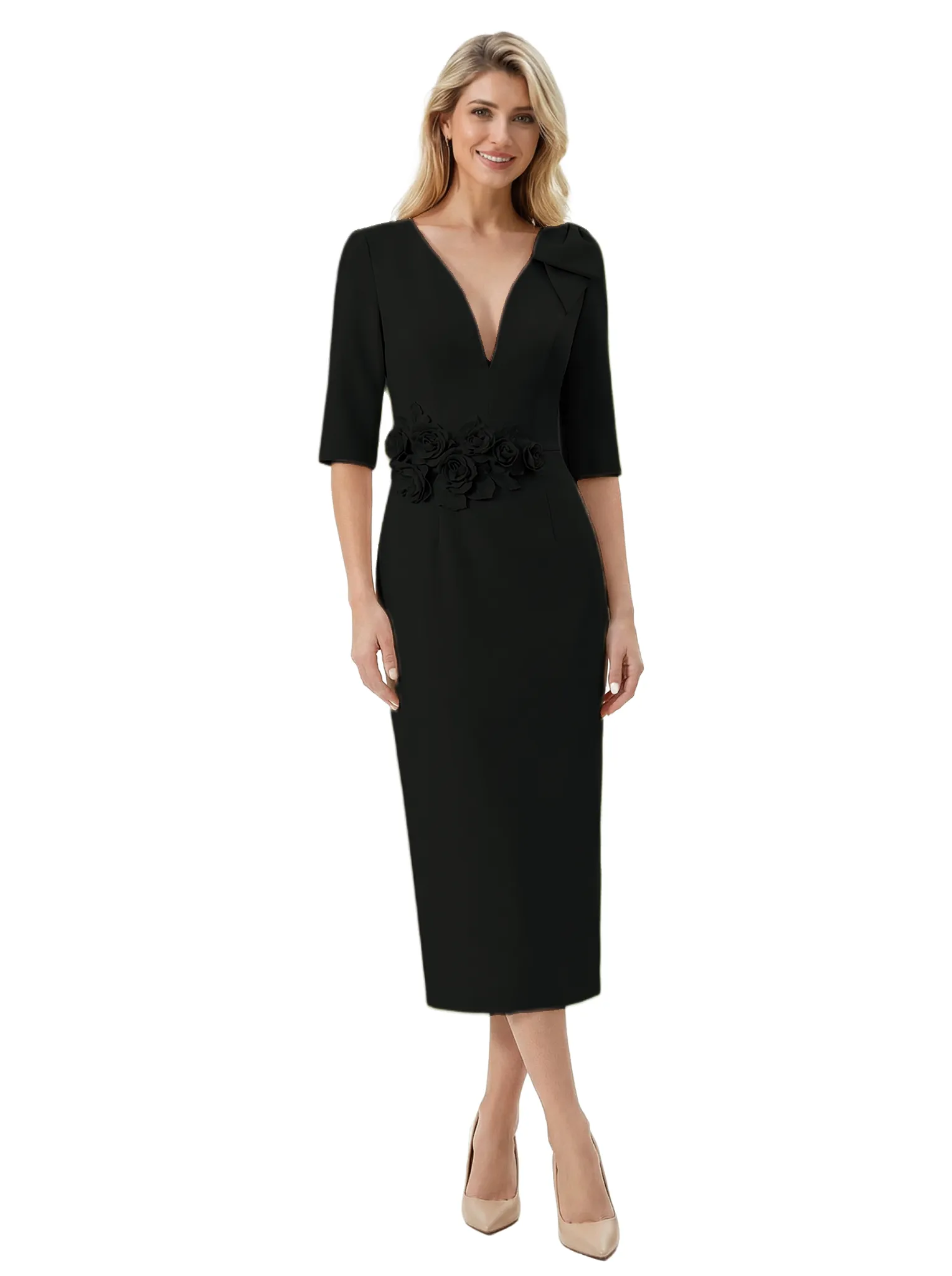 Chicsew Mother of The Bride Dress Pretty V-Neck Half Sleeve Crepe Sheath Midi Gown Floral Accent Stylish sold by ChicSew product image thumbnail 5