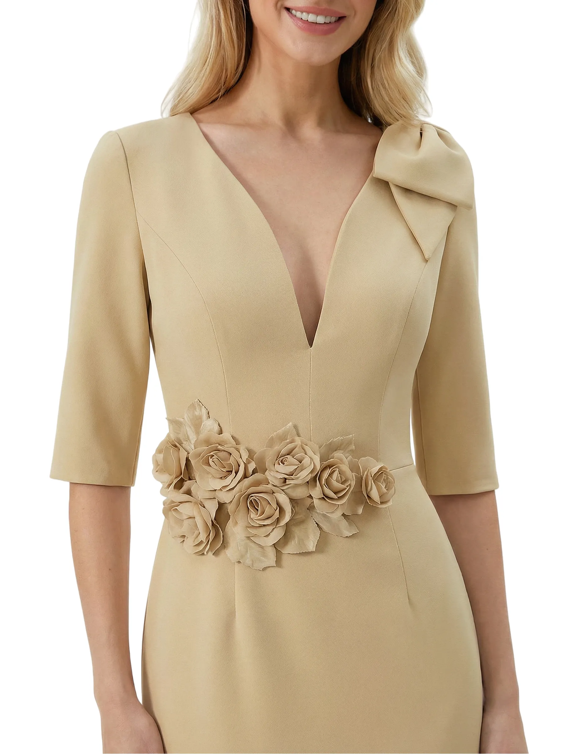 Chicsew Mother of The Bride Dress Pretty V-Neck Half Sleeve Crepe Sheath Midi Gown Floral Accent Stylish sold by ChicSew product image thumbnail 2