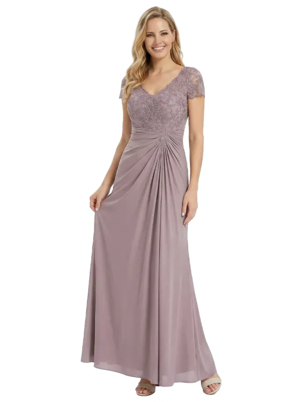 Chicsew Mother of The Groom Dresses V-Neck Short Sleeve Lace Chiffon Maxi Gown Classy Ruched Formal Bridal Party Dress sold by ChicSew