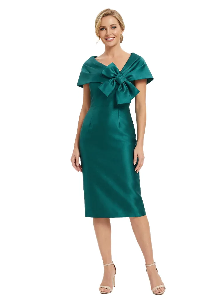 Chicsew Elegant Cape Sleeves Bow Knot Satin Sheath Mother Of The Bride Dress sold by ChicSew