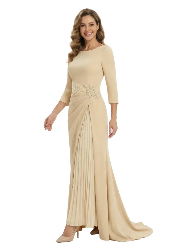 Chicsew Mother of The Groom Dress Elegant Crew Scoop 3/4 Sleeve Crepe Maxi Gown Pleated Detail Classy Look sold by ChicSew