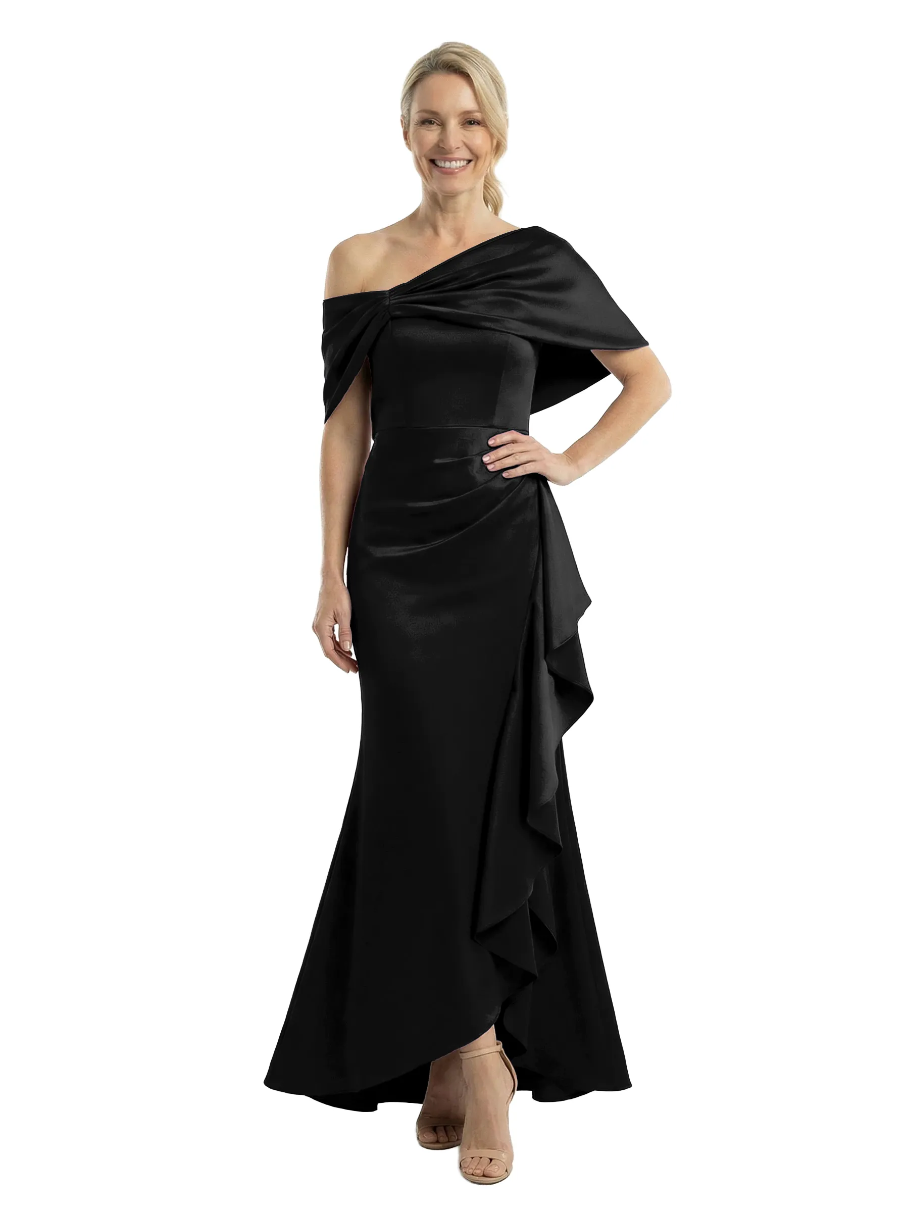 Chicsew Asymmetric Cape Sleeves Ruffle Mother Of The Groom Satin Mermaid Formal Gown sold by ChicSew product image thumbnail 4