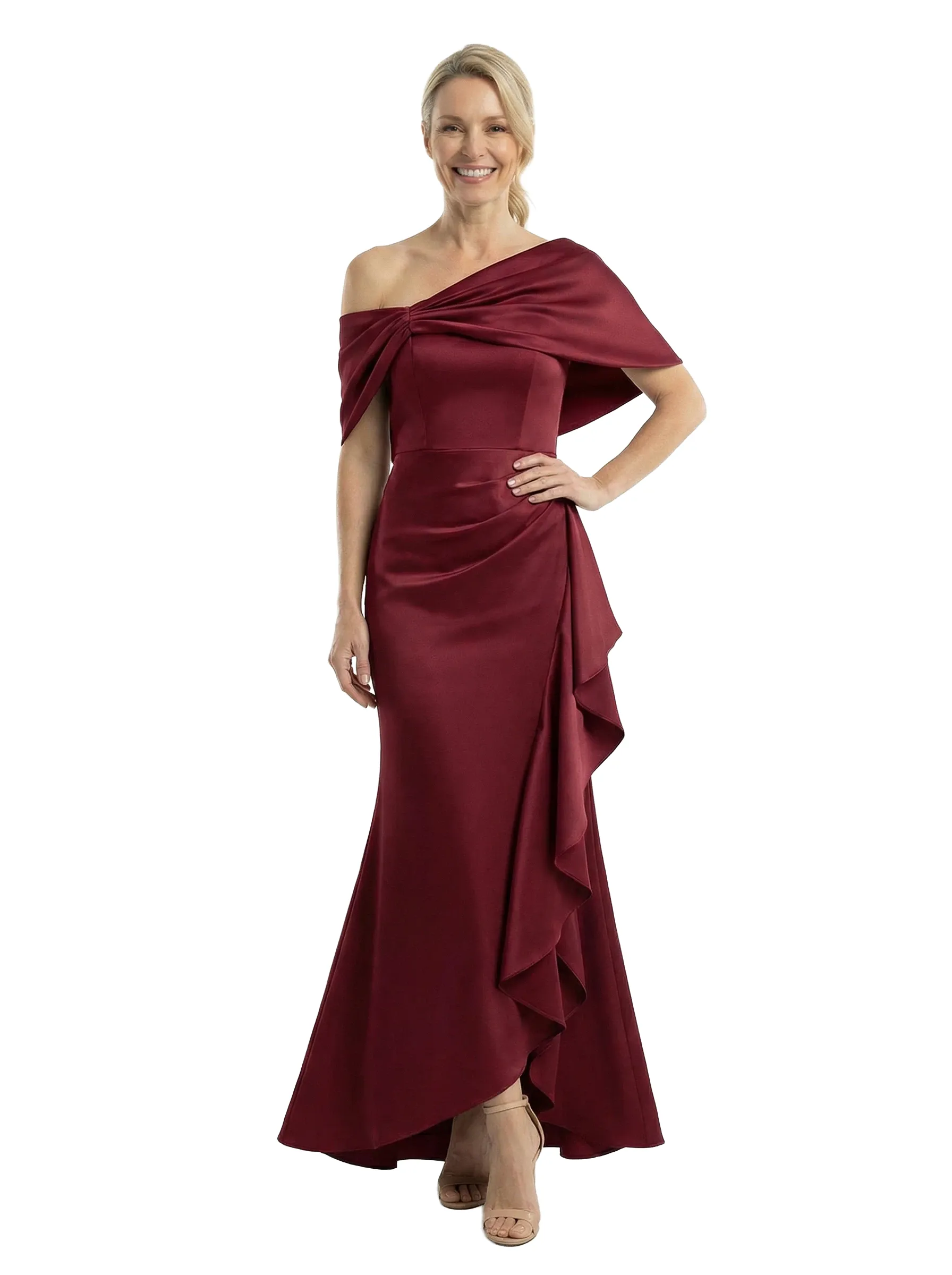 Chicsew Asymmetric Cape Sleeves Ruffle Mother Of The Groom Satin Mermaid Formal Gown sold by ChicSew