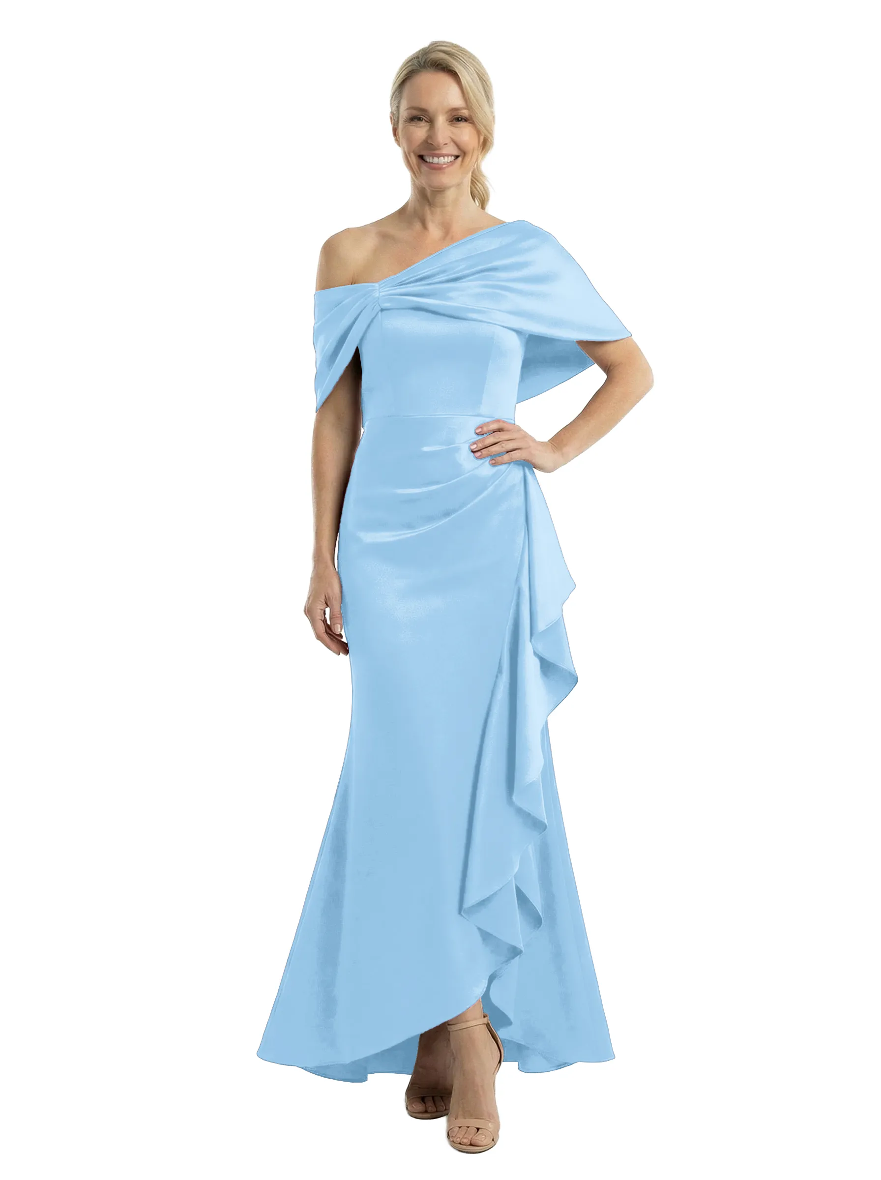 Chicsew Asymmetric Cape Sleeves Ruffle Mother Of The Groom Satin Mermaid Formal Gown sold by ChicSew product image thumbnail 5