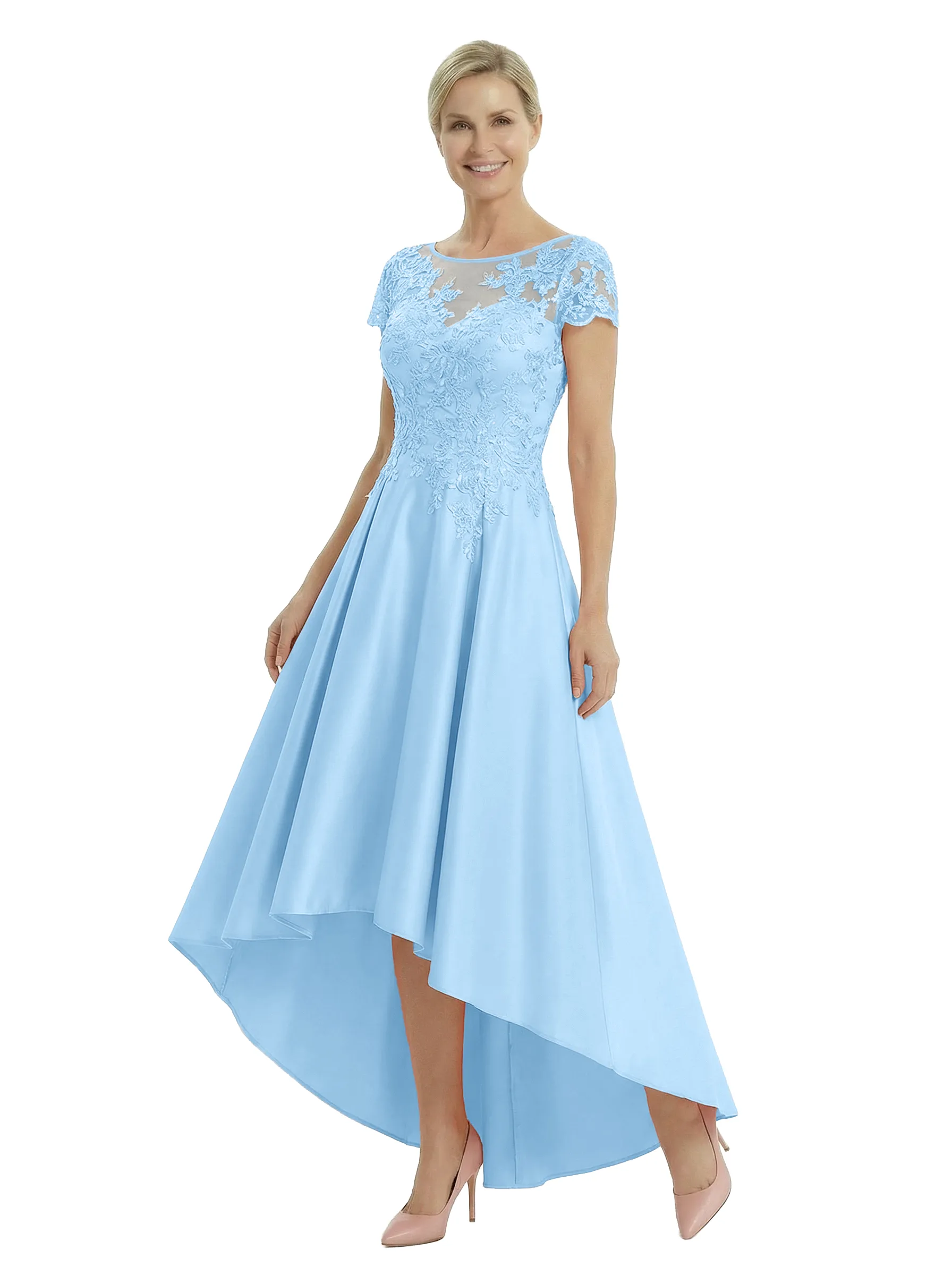 Chicsew Elegant Mother of The Bride Dress Scoop Short Sleeve Lace Satin High-Low A-Line Gown sold by ChicSew product image thumbnail 5