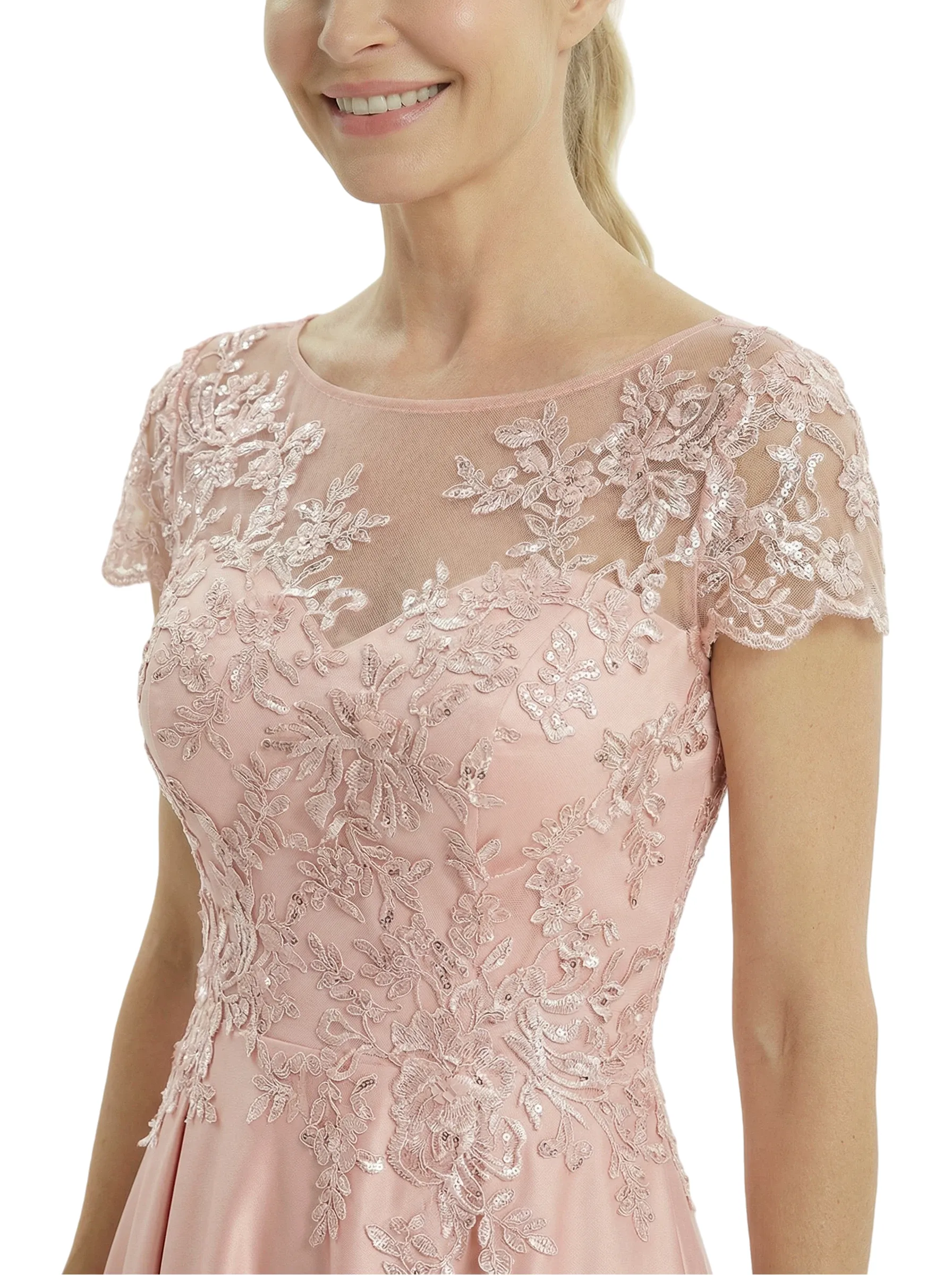 Chicsew Elegant Mother of The Bride Dress Scoop Short Sleeve Lace Satin High-Low A-Line Gown sold by ChicSew product image thumbnail 2