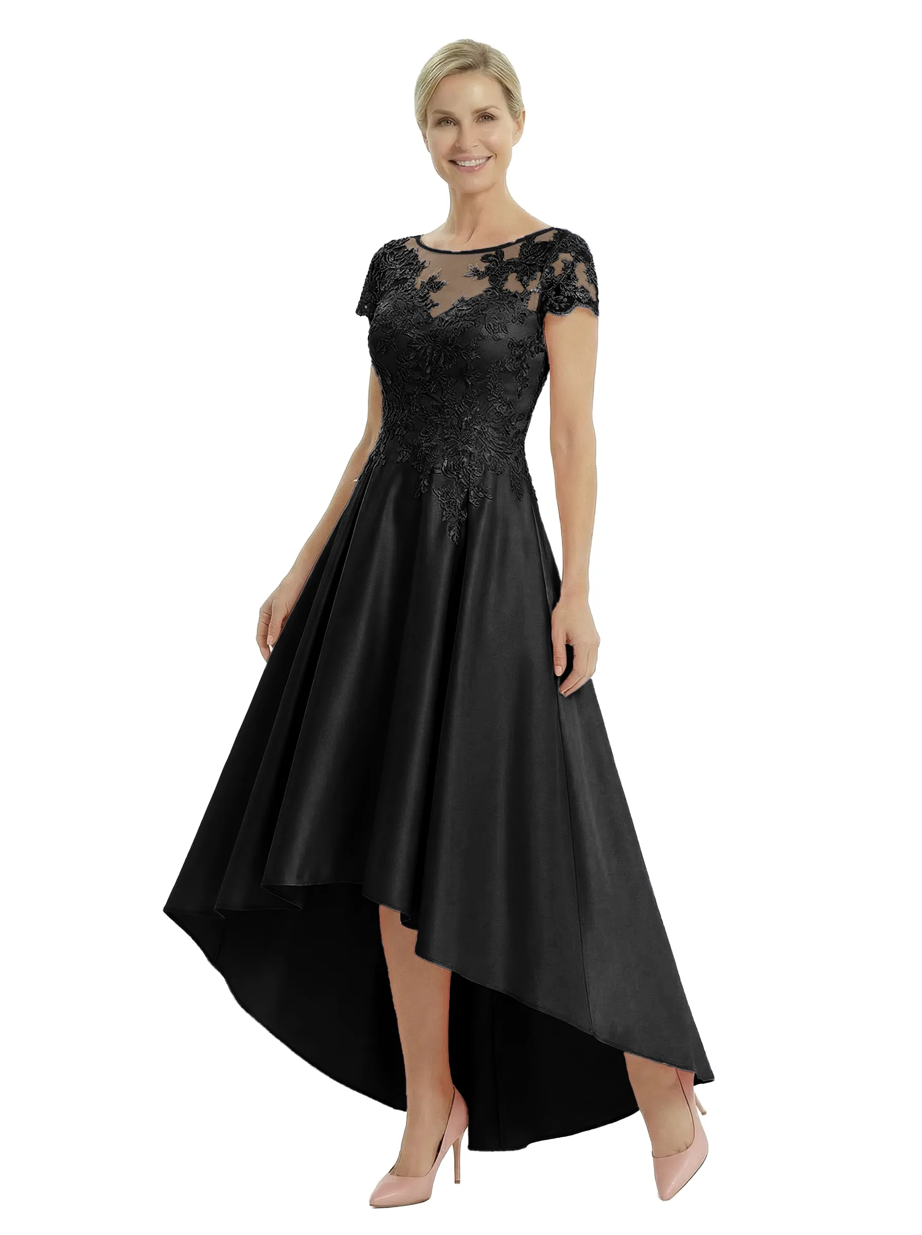 Chicsew Elegant Mother of The Bride Dress Scoop Short Sleeve Lace Satin High-Low A-Line Gown sold by ChicSew product image thumbnail 4