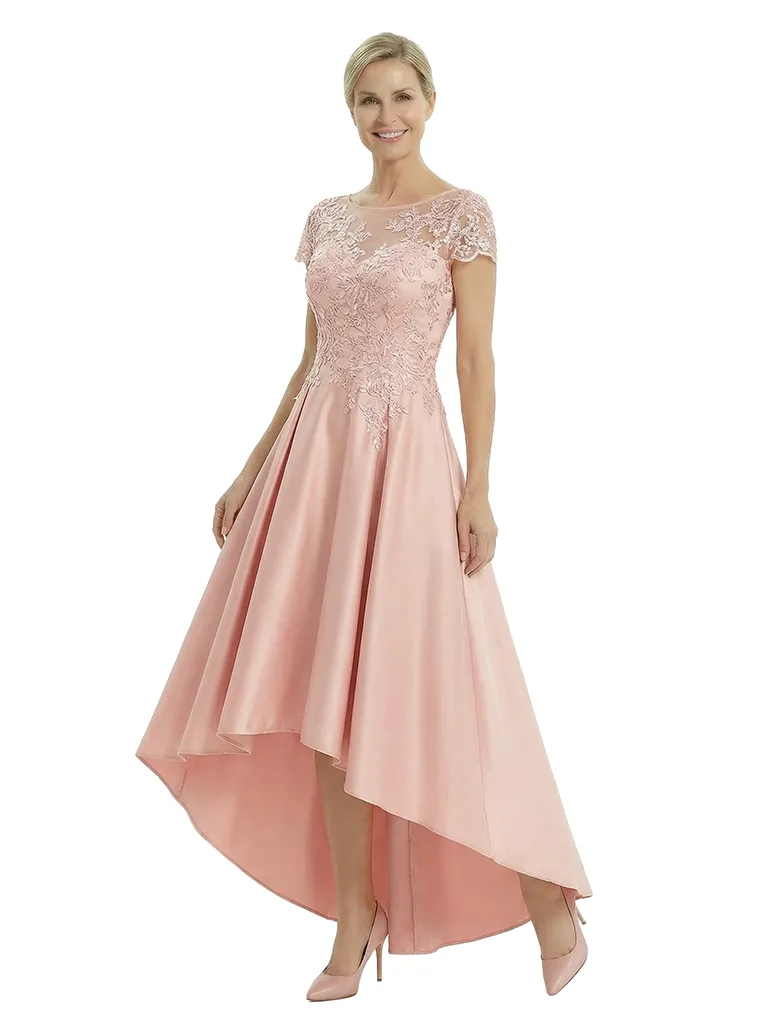 Chicsew Elegant Mother of The Bride Dress Scoop Short Sleeve Lace Satin High-Low A-Line Gown sold by ChicSew