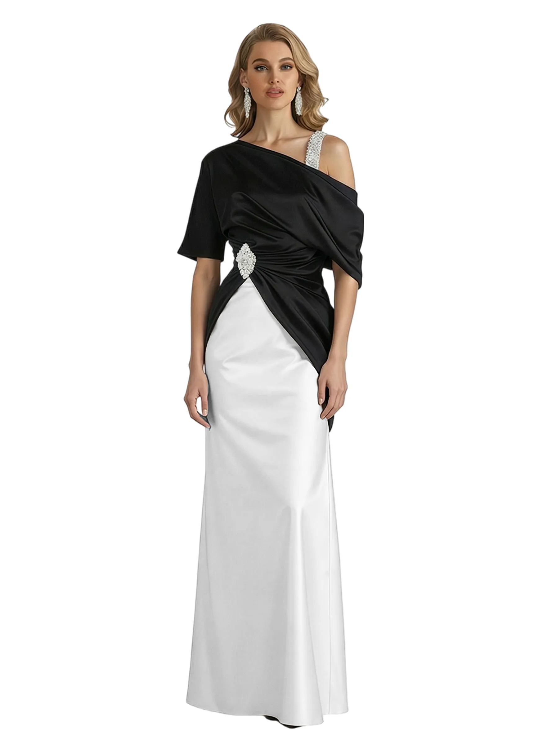 Elegant Black And White Satin Mermaid Asymmetrical Long Mother Of The Bride Dresses sold by ChicSew