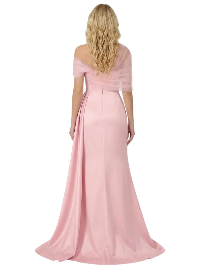 Chic Cape Neckline Formal Gown Ruched Bodice Satin Fabric Slit Mermaid Silhouette Floor Length Prom Dress sold by ChicSew product image thumbnail 3