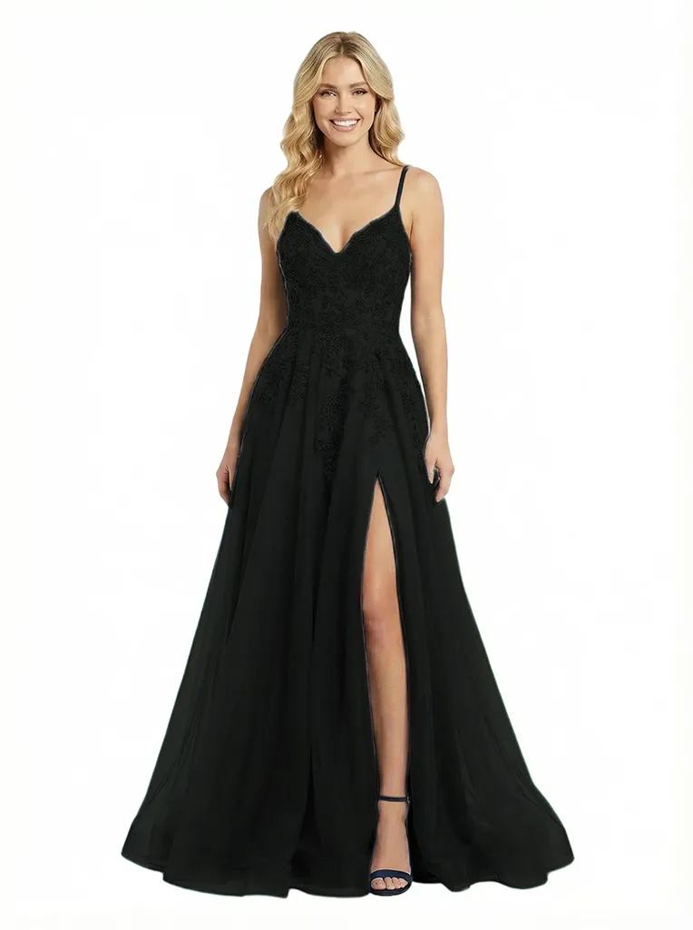 Modern Spaghetti Straps A-line Side Slit Lace Party Prom Dresses sold by ChicSew product image thumbnail 4