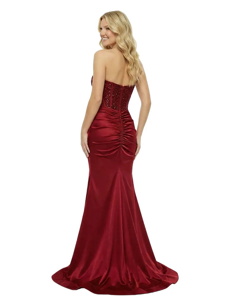 Sexy Strapless Beaded Corset Prom Dress Ruched Satin Mermaid Gown with High Slit sold by ChicSew product image thumbnail 3