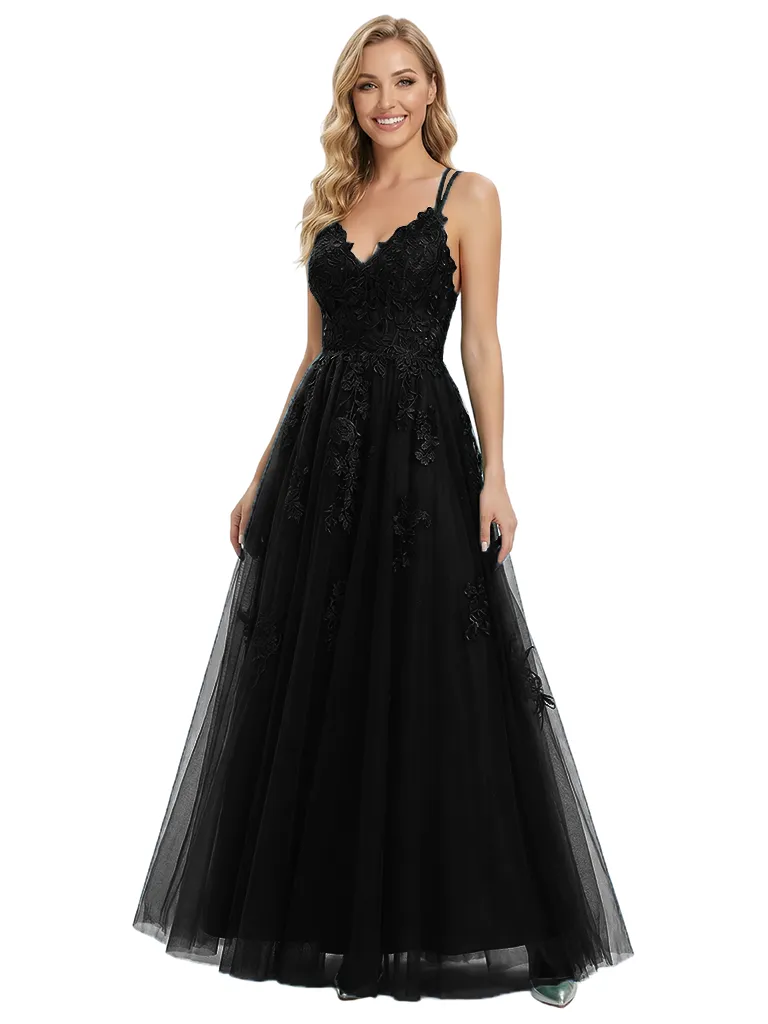 Beautiful Spaghetti Straps V-Neck Prom Gown Lace Tulle Sparkly Detail Ball Gown Floor Length Formal Gown sold by ChicSew product image thumbnail 4