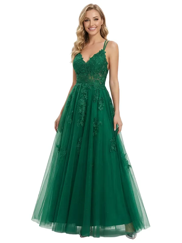 Beautiful Spaghetti Straps V-Neck Prom Gown Lace Tulle Sparkly Detail Ball Gown Floor Length Formal Gown sold by ChicSew
