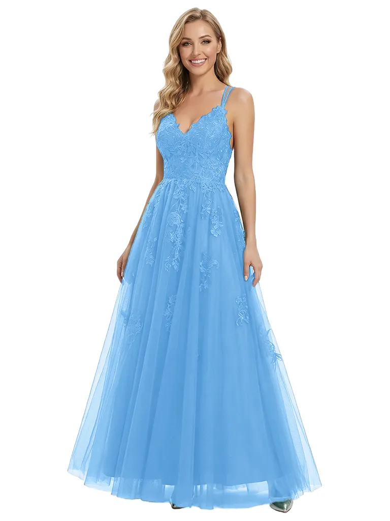 Beautiful Spaghetti Straps V-Neck Prom Gown Lace Tulle Sparkly Detail Ball Gown Floor Length Formal Gown sold by ChicSew product image thumbnail 5