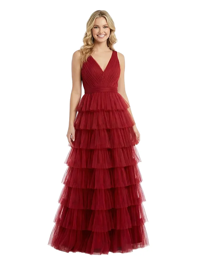 Stunning Ball Gown Prom Dresses V-Neck Multi-Layered Ruffle Tulle Prom Dress Fancy Formal Event Gown sold by ChicSew