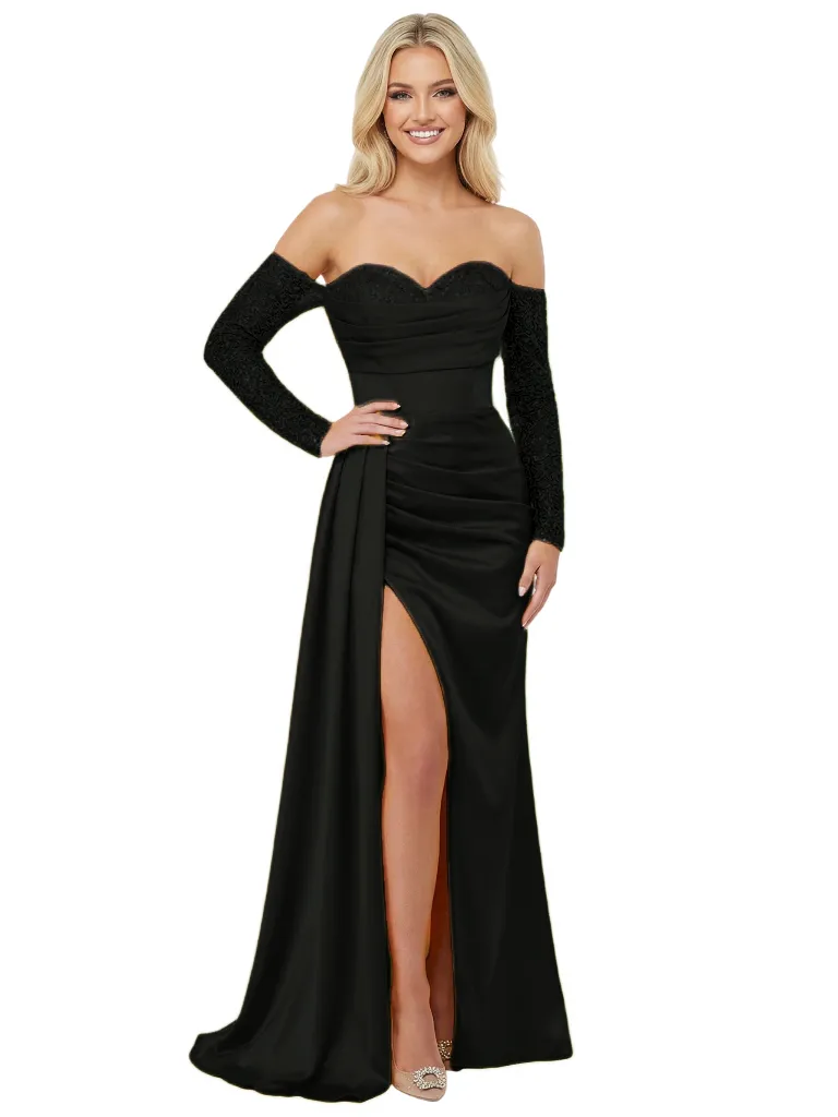 Elegant Sweetheart Off Shoulder Long Sleeves Ruched Satin Mermaid Prom Dress Side Slit sold by ChicSew product image thumbnail 4