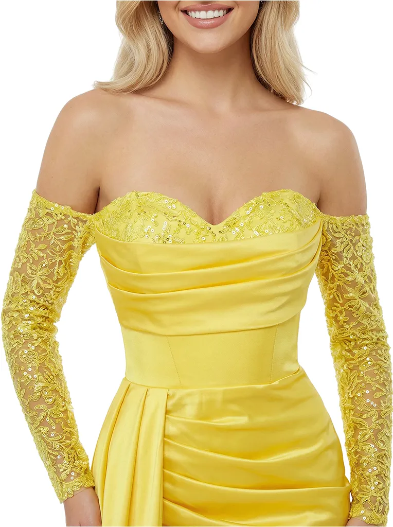 Elegant Sweetheart Off Shoulder Long Sleeves Ruched Satin Mermaid Prom Dress Side Slit sold by ChicSew product image thumbnail 2