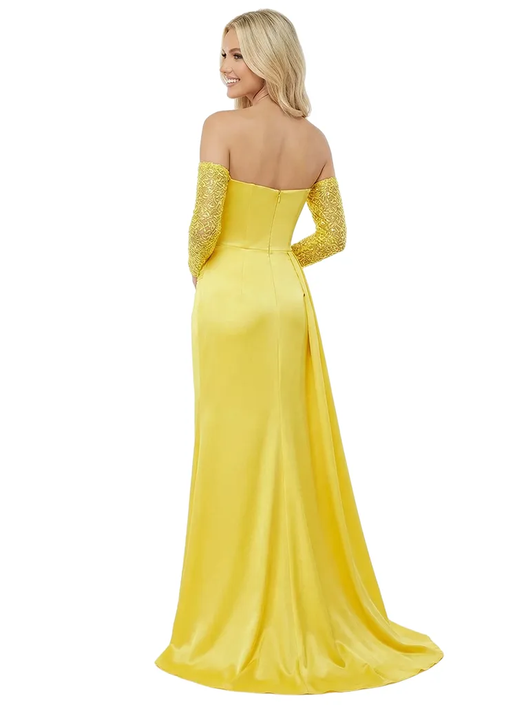 Elegant Sweetheart Off Shoulder Long Sleeves Ruched Satin Mermaid Prom Dress Side Slit sold by ChicSew product image thumbnail 3